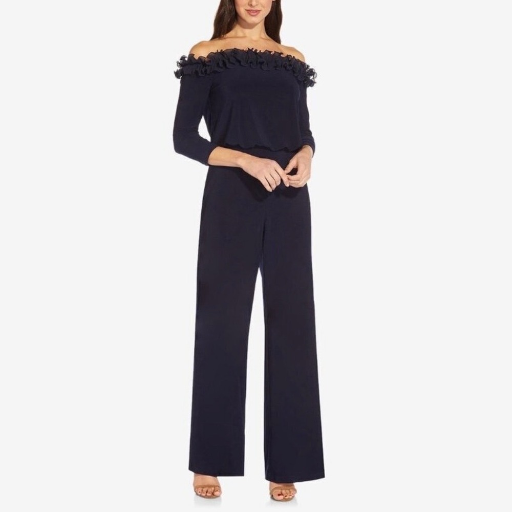 Adrianna Pappell Navy Blue Ruffled Off The Shoulder Blouson Jumpsuit 4 NWT